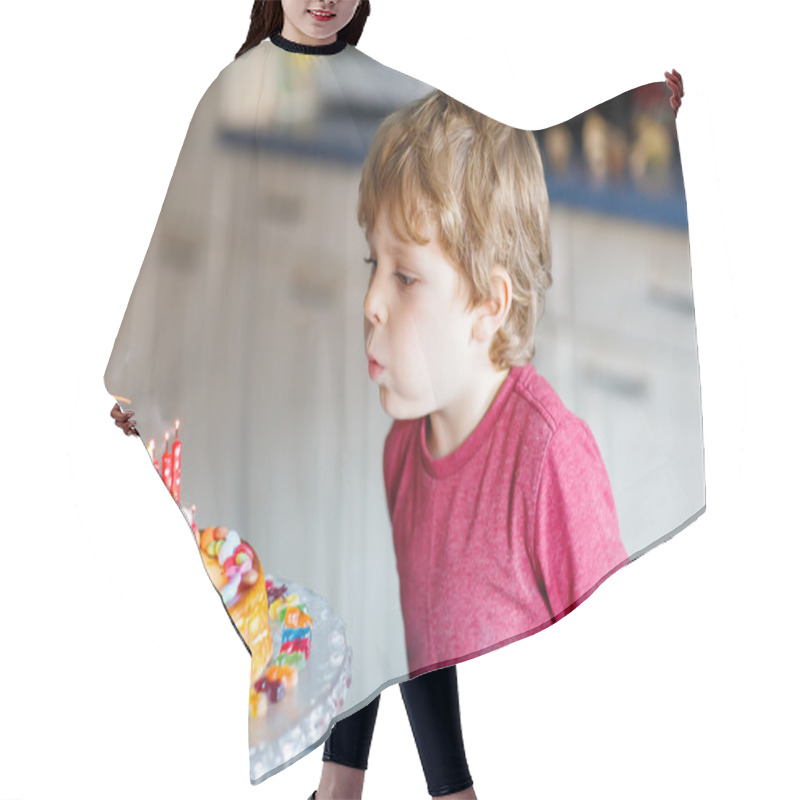 Personality  Kid Boy Celebrating His Birthday And Blowing Candles On Cake Hair Cutting Cape