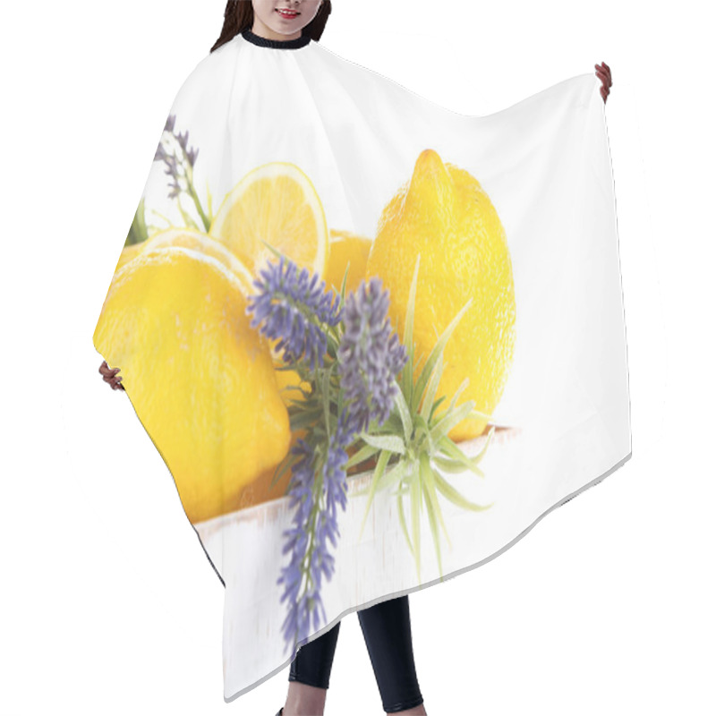 Personality  Still Life With Fresh Lemons And Lavender, Isolated On White Hair Cutting Cape