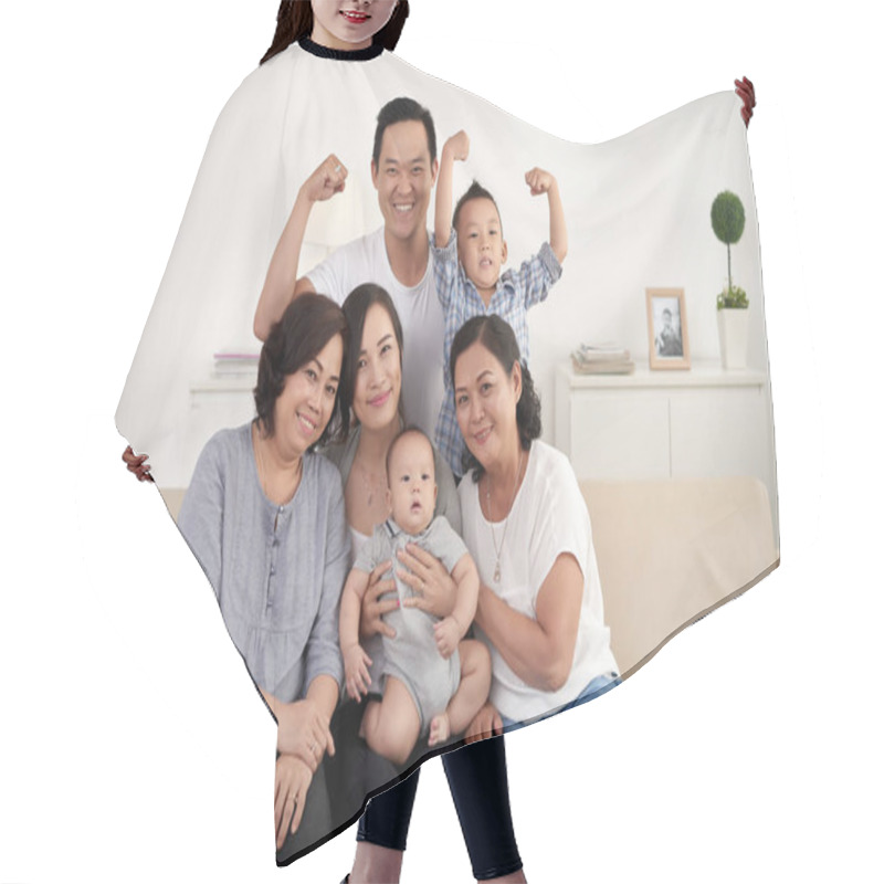 Personality  Portrait Of Big Asian Family Posing For Photo At Home: Sitting On Sofa Hair Cutting Cape