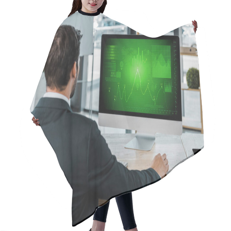 Personality  Back View Of Businessman At Workplace With Computer Screen With Diagram In Office Hair Cutting Cape