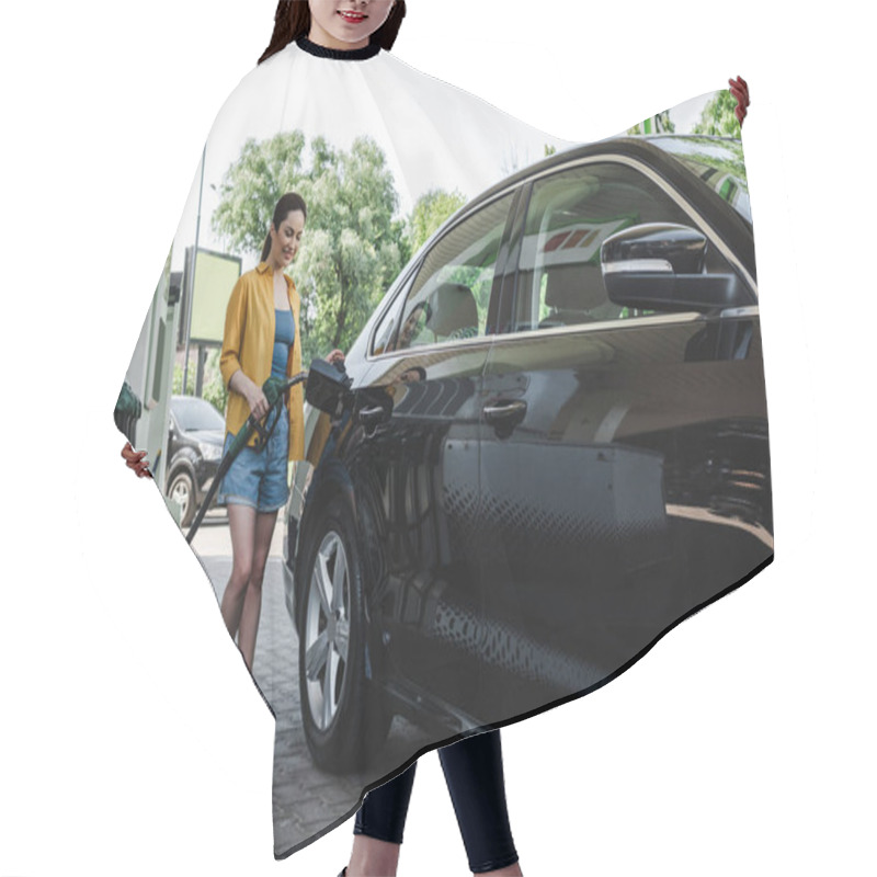 Personality  Beautiful Smiling Woman Refueling Car On Gas Station  Hair Cutting Cape