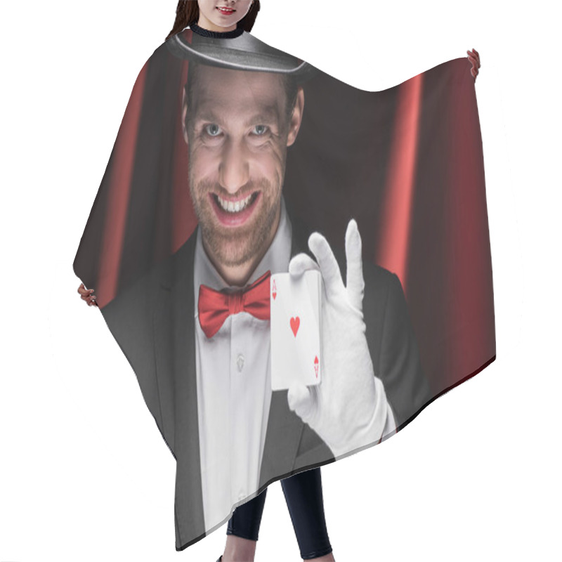 Personality  Smiling Magician Holding Playing Cards In Circus With Red Curtains Hair Cutting Cape