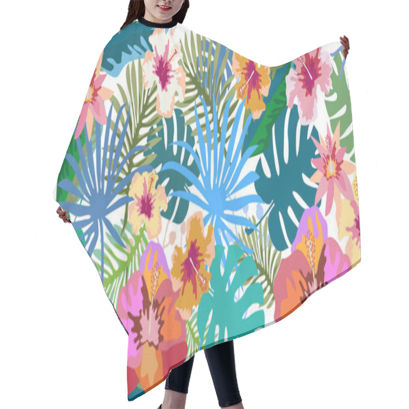 Personality  Dark Tropical Paradise. Seamless Vector Pattern With Palm Leaves And Exotic Flowers.  Hair Cutting Cape