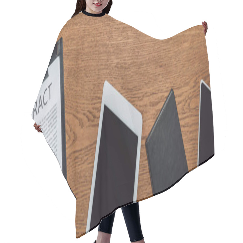 Personality  Top View Of Digital Tablet, Smartphone, Notebook And Clipboard With Contract On Wooden Desk, Panoramic Shot Hair Cutting Cape