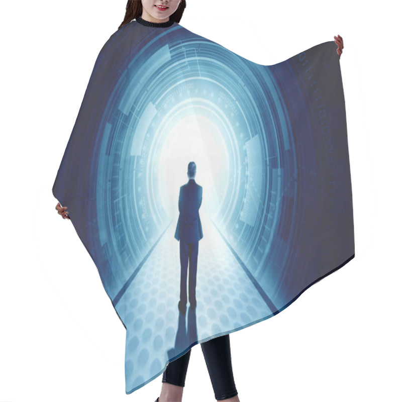 Personality  Rear View Of Businessman Standing In Front Of A Futuristic Tunnel Hair Cutting Cape