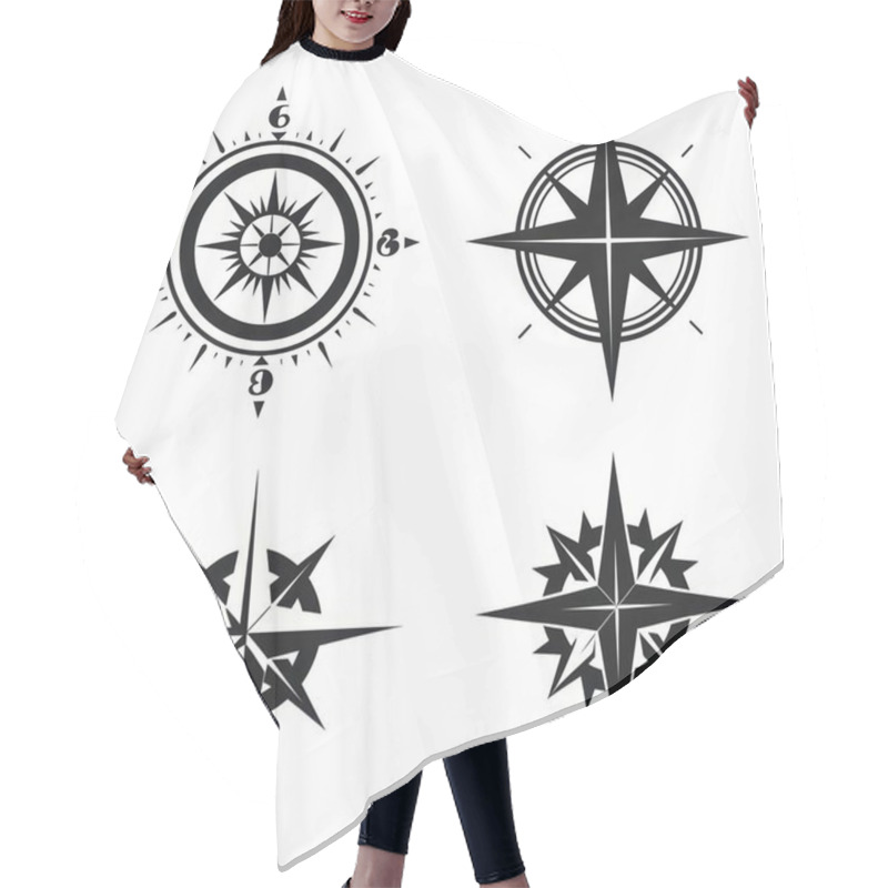 Personality  Set Of Four Distinct Black And White Compass Rose Designs Showcasing Various Styles And Features. Hair Cutting Cape