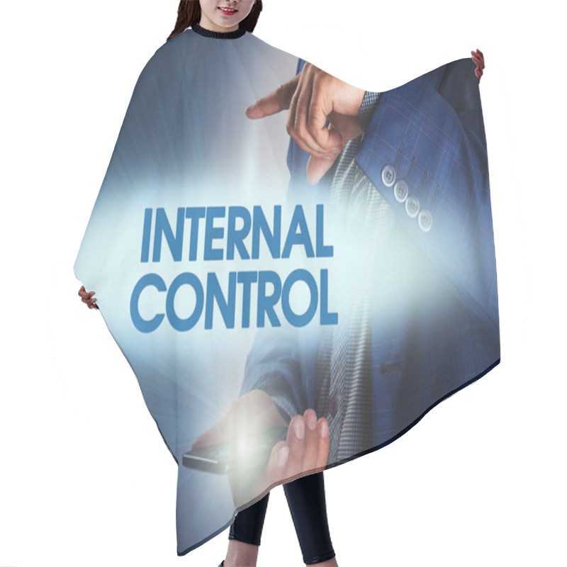 Personality  Businessman Presses Button Internal Control On Virtual Screens.  Hair Cutting Cape