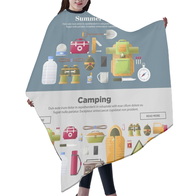 Personality  Summer Camp Web Banners Templates For Camping Scout Adventure. Vector First-aid Kit And Camp Tent Or Matches For Campfire, Backpack With Binoculars, Compass Or Flashlight And Radio Hair Cutting Cape