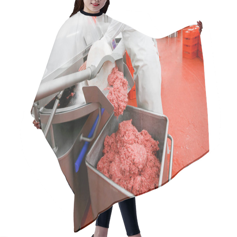 Personality  Process For The Production Of Products Of Animal Origin. Raw Meat Minced In An Industrial Process Factory Stored In A Stainless Steel Crate At A Processing. Hair Cutting Cape