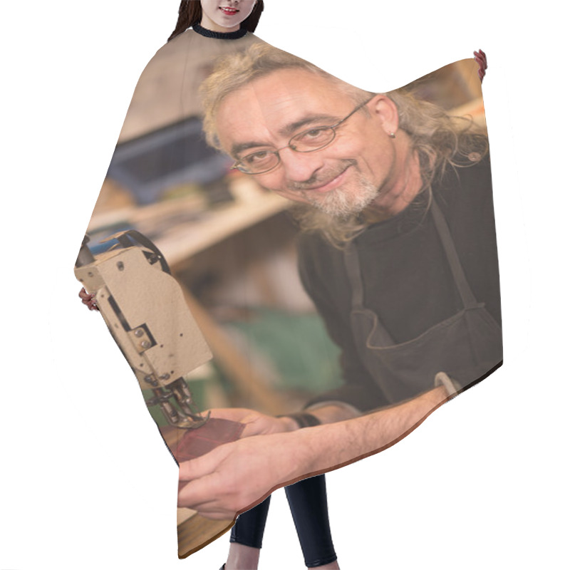 Personality  Leather Goods Craftsman At Work In His Workshop Hair Cutting Cape