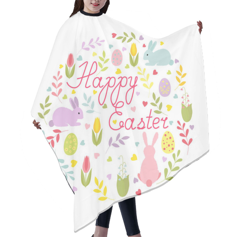 Personality  Easter Card With Cartoon Characters And Hand-written Text In A Round Composition. Isolated Colorful Card. Hair Cutting Cape