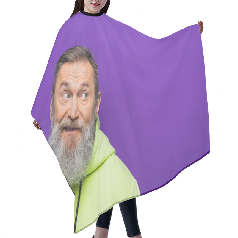 Personality  Doubtful Senior Man With Beard Looking Away On Purple  Hair Cutting Cape