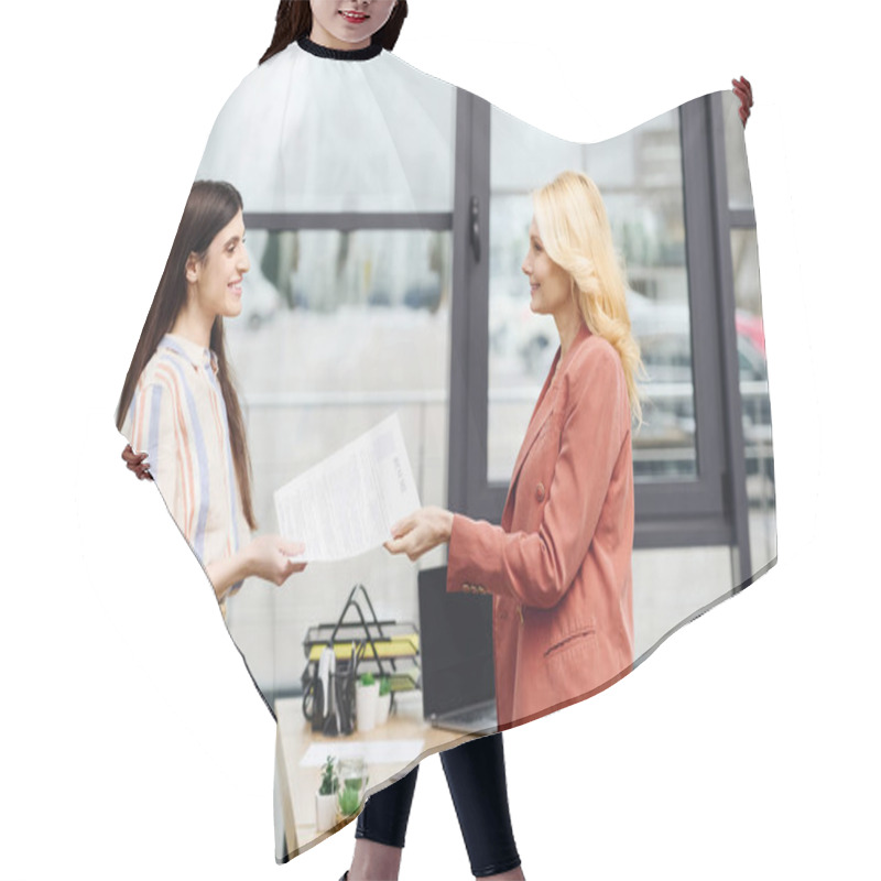 Personality  Two Women Shaking Hands In An Office During A Job Interview. Hair Cutting Cape