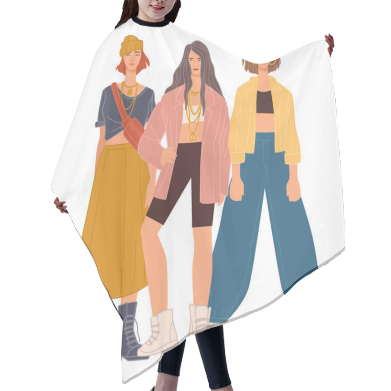 Personality  Stylish And Fashionable Girls In Clothes Vector Hair Cutting Cape