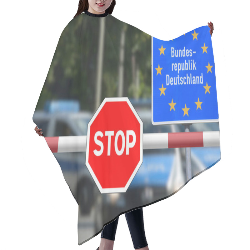 Personality  Stop Sign, Police Cars And Checks At The Border With Germany Hair Cutting Cape