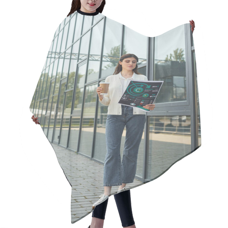 Personality  A Modern Businesswoman Stands Outside A Building, Holding Charts, Embodying The Concept Of Growth And Learning In A Franchise Setting. Hair Cutting Cape