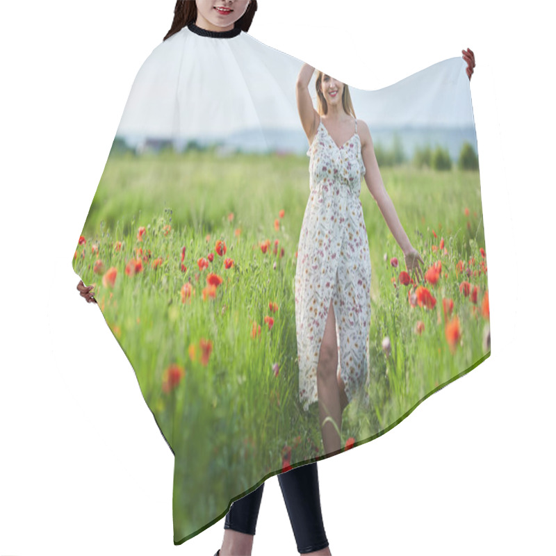 Personality  Beautiful Plus Size Young Indian Woman In Floral Dress In A Poppy Field Hair Cutting Cape