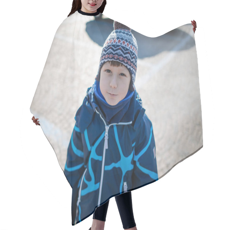 Personality  Cute Young Boy Staying Outdoor And Keep Calm In Winter Time Hair Cutting Cape