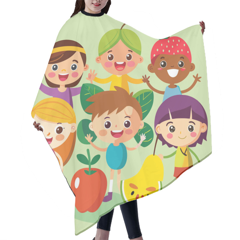 Personality  Happy Children Vector Art Collection With Fresh Fruits Hair Cutting Cape