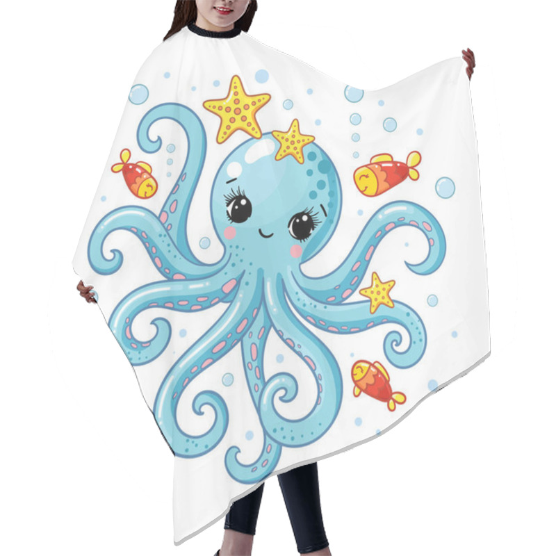 Personality  Cute Cartoon Blue Octopus With Fish And Starfish. Children's Illustration. Marine Theme. For Children's Design Of Prints, Posters, Cards, Puzzles, Educational Materials. Vector Hair Cutting Cape