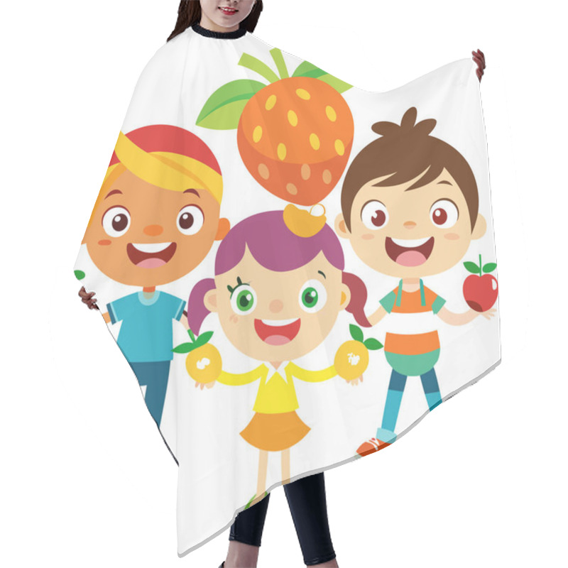 Personality  Happy Children Vector Art Collection With Fresh Fruits Hair Cutting Cape