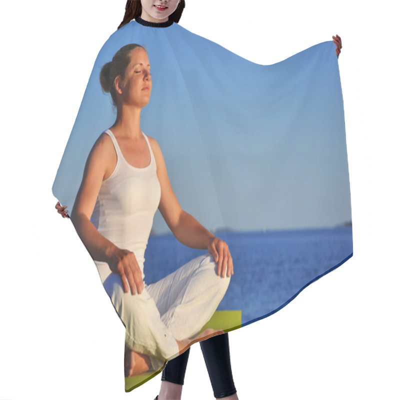 Personality  Young Woman During Yoga Meditation On The Beach Hair Cutting Cape