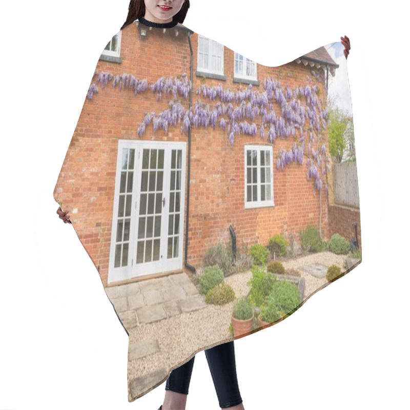 Personality  Victorian House With Wooden Windows, French Doors And Wisteria. Hard Landscaped Garden With York Stone Patio And Gravel. England, UK Hair Cutting Cape