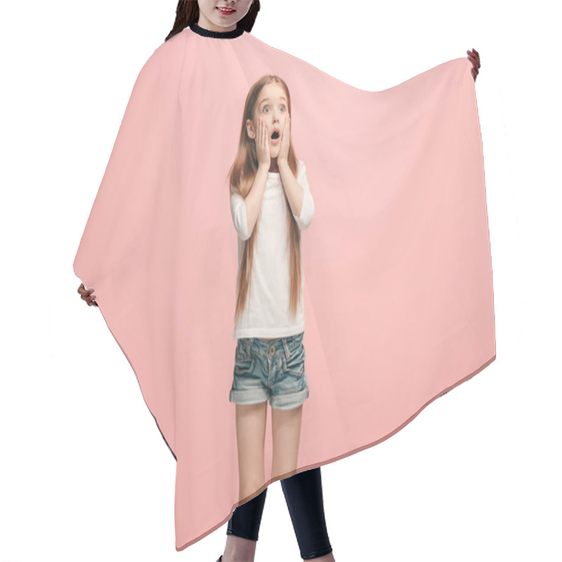 Personality  Beautiful Teen Girl Looking Suprised Isolated On Pink Hair Cutting Cape