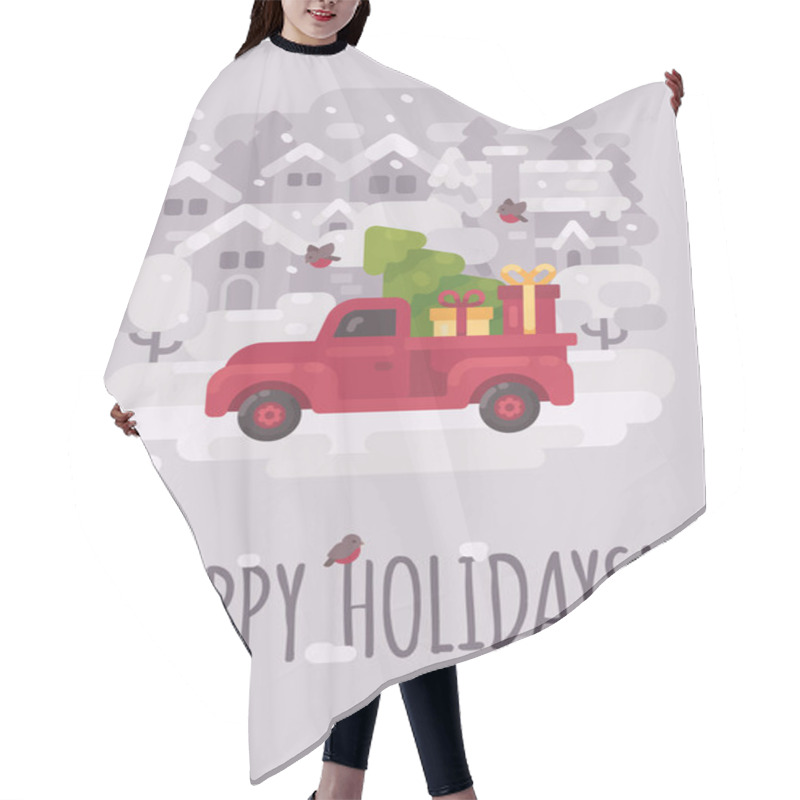 Personality  Old Red Farm Truck With A Christmas Tree And Presents In A Winter Village. Christmas Greeting Card Flat Illustration. Happy Holidays Hair Cutting Cape