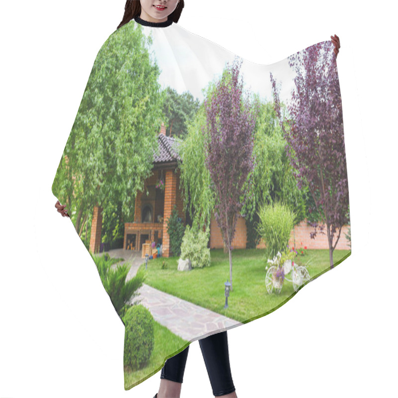 Personality  Landscape With Beautiful Green Garden And Gazebo On Summer Day Hair Cutting Cape