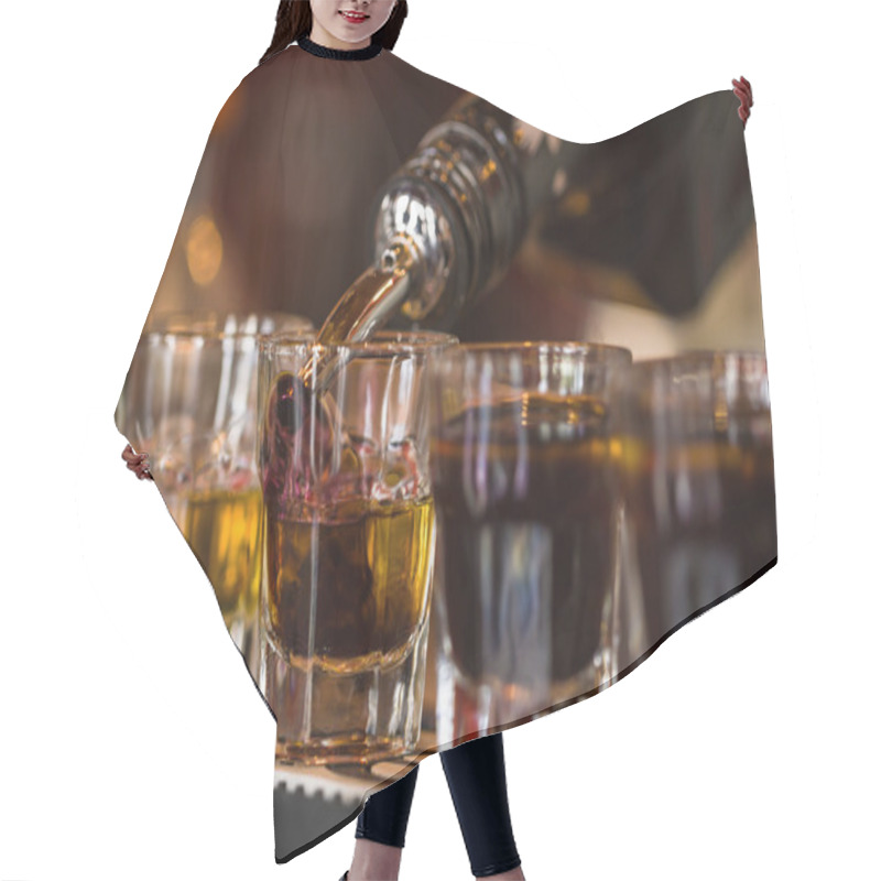 Personality  Shots With Whisky And Liqquor In Cocktail Bar Hair Cutting Cape