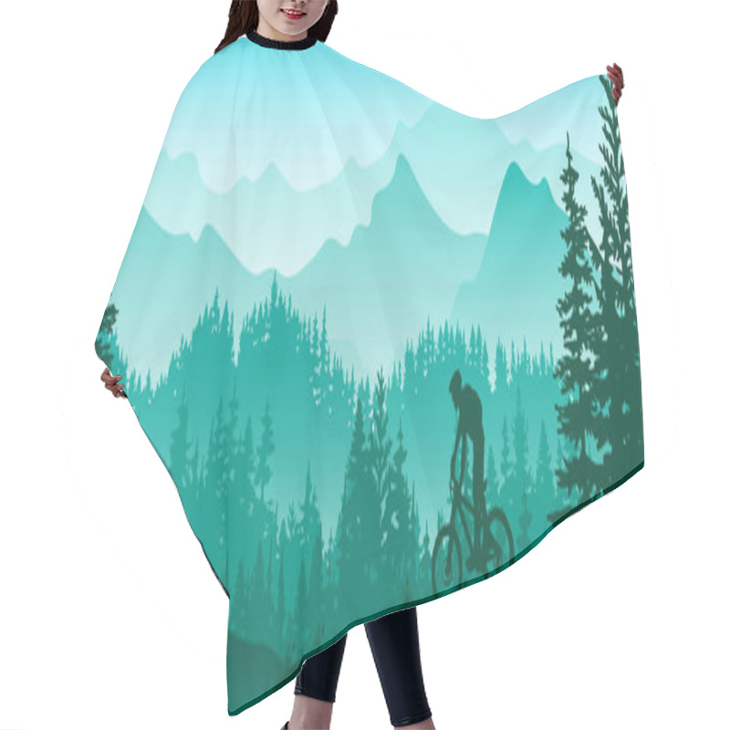 Personality  Silhouette Of Mountain Bike Rider In Wild Nature Landscape. Mountains, Forest In Background. Magical Misty Nature. Blue And Green Illustration.	 Hair Cutting Cape