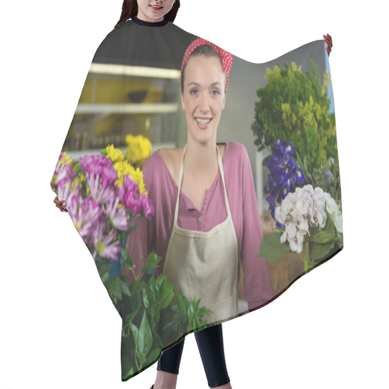 Personality  Happy Female Florist Standing In Flower Shop Hair Cutting Cape