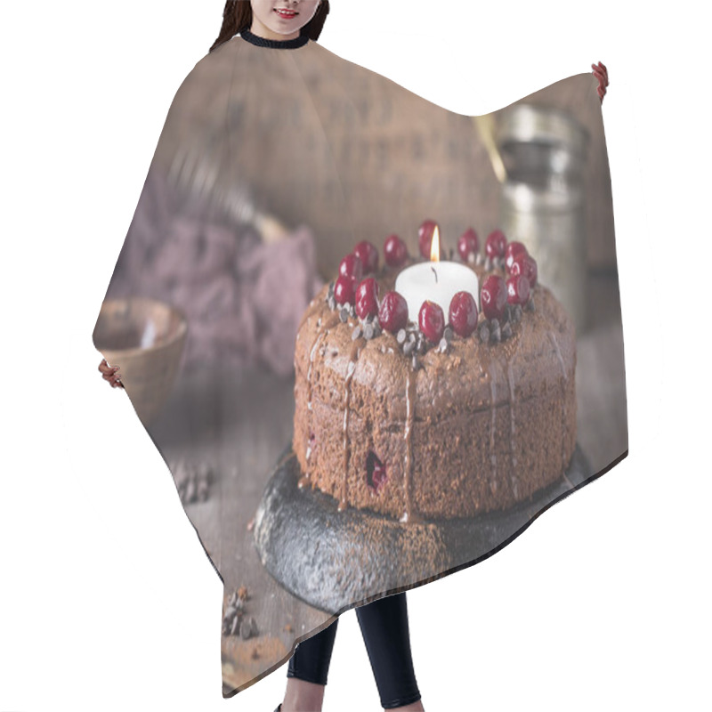 Personality  Chocolate Cherry Cake With Big Candle  Hair Cutting Cape