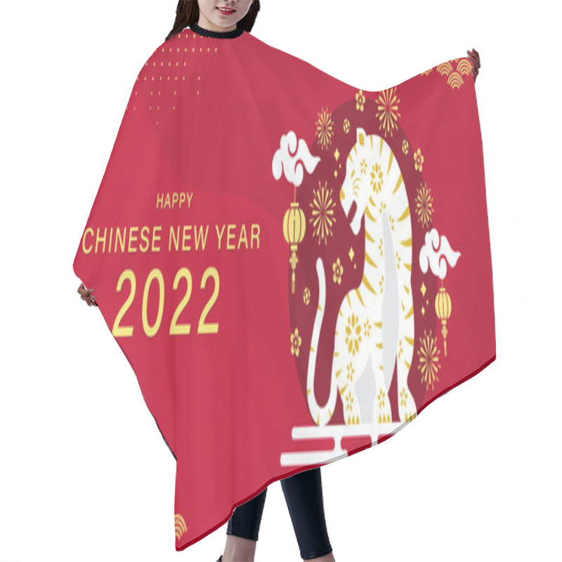 Personality  Chinese New Year 2022 - White And Gold Modern Tiger Zodiac Sitting In Circle With Firework And Lantern Hanging Cloud Flower Around On Red Background Vector Design Hair Cutting Cape