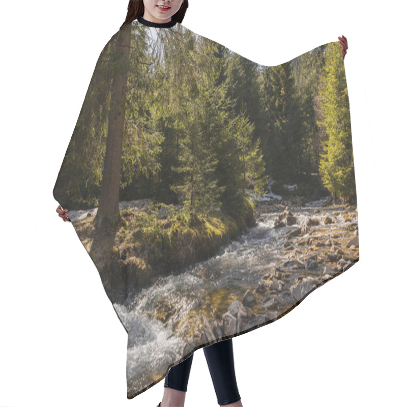 Personality  Evergreen Forest On Shore Near Mountain River  Hair Cutting Cape