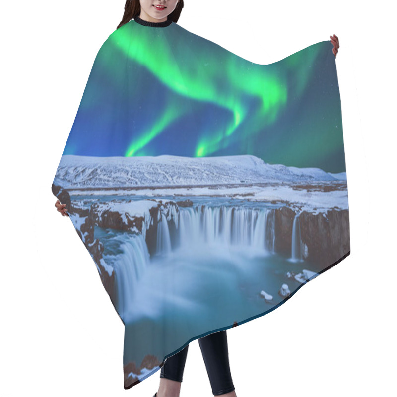 Personality  Northern Light, Aurora Borealis At Godafoss Waterfall In Winter, Iceland. Hair Cutting Cape