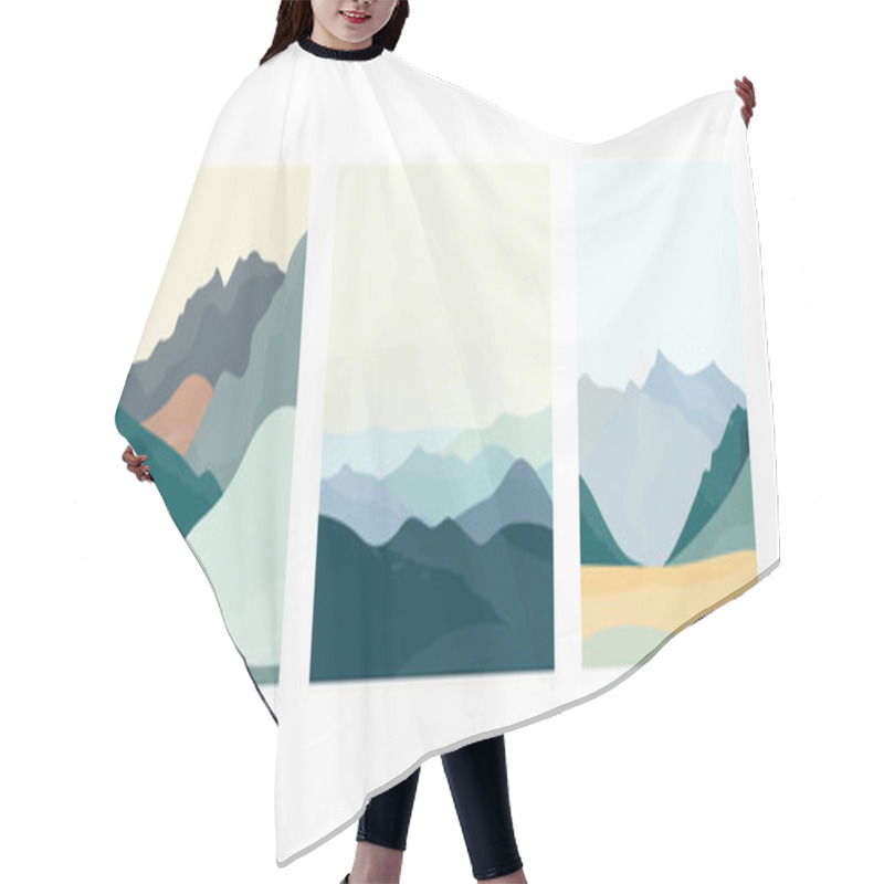 Personality  Three Illustrations Of Different Landscape Scenes. Untouched Pure Vivid Nature. Mountains And Hills. Japanese Style Of Drawing. Minimal Vector Design. Hair Cutting Cape