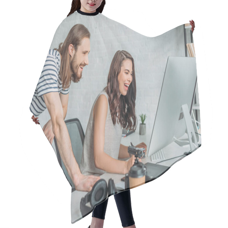 Personality  Happy Art Editors Smiling Near Computer Monitor  Hair Cutting Cape