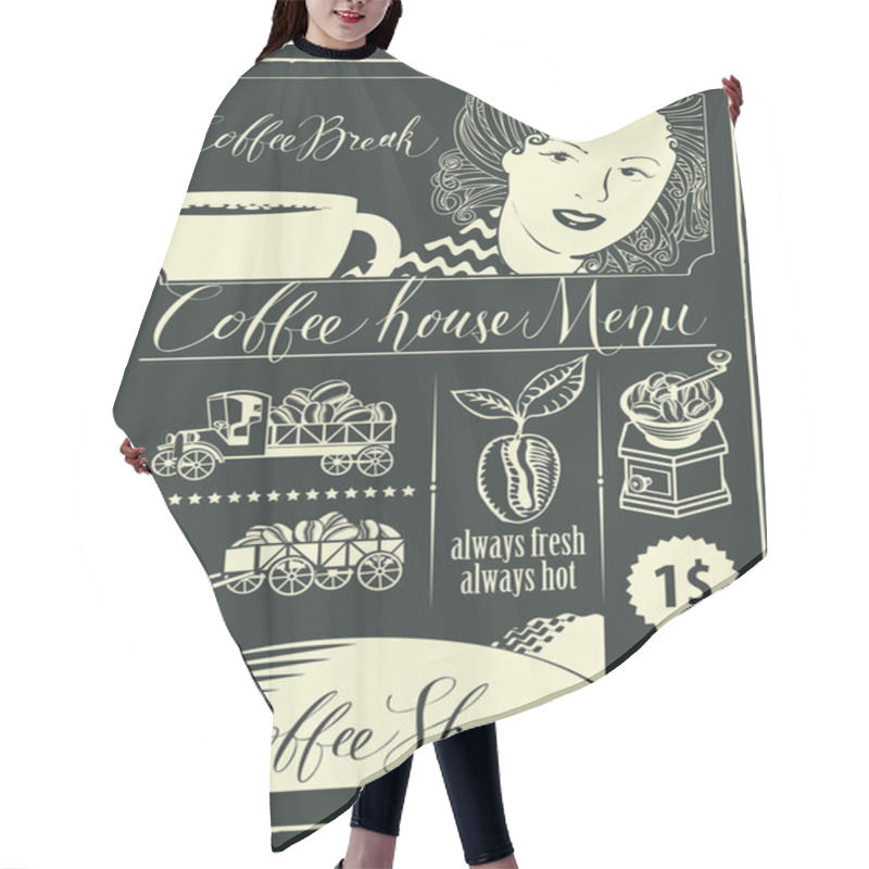 Personality  Vector Menu For A Coffee House And Set Of Design Elements With Handwritten Inscriptions, Girl, A Cup Of Coffee And Vintage Cars In Retro Style. Drawing Chalk On The Blackboard. Hair Cutting Cape