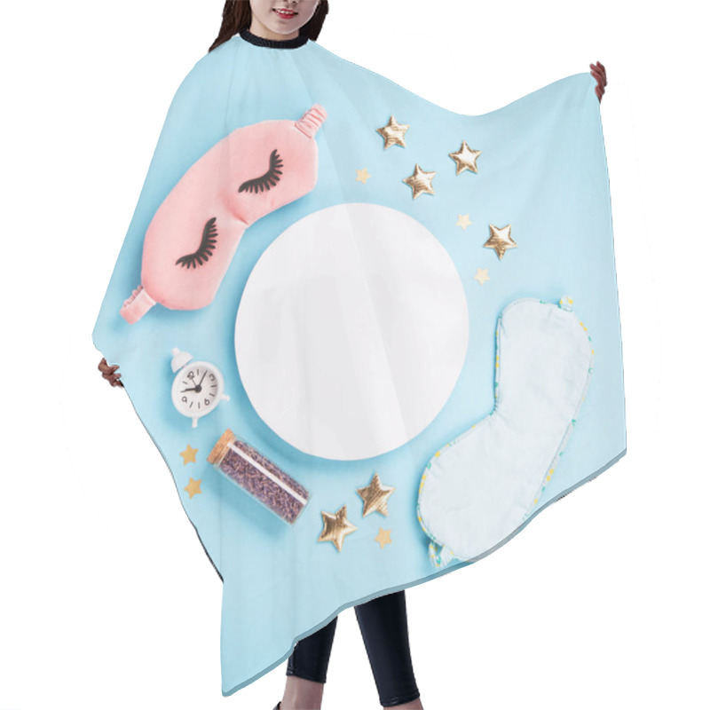 Personality  World Sleep Day Observed On March. Quality Of Sleep, Good Night, Insomnia, Relaxation Concept. Sleeping Masks, Golden Stars And White Alarm Clock On Blue Background. Flat Lay, Top View Hair Cutting Cape