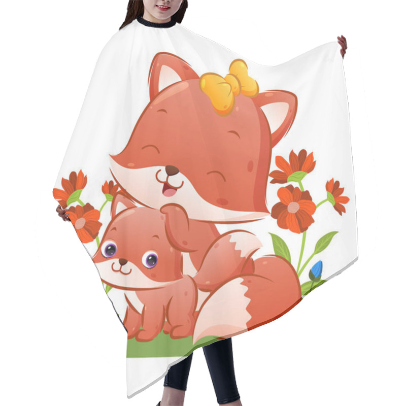 Personality  The Big Fox With The Beautiful Ribbon Is Posing With Her Baby Fox In The Garden Of Illustration Hair Cutting Cape