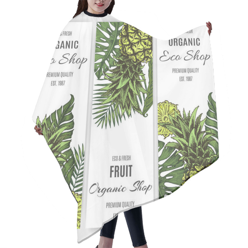 Personality  Set For Eco Store With Pineapples And Palm Leaves. Hair Cutting Cape