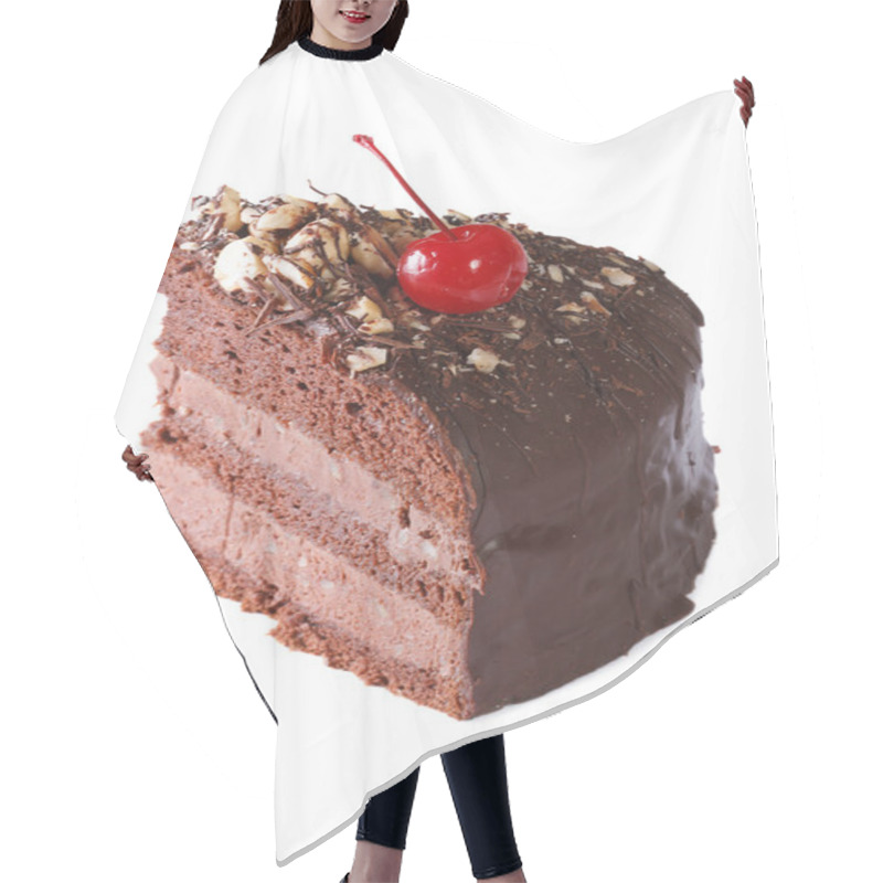 Personality  Piece Chocolate Cake With Cherry Closeup Isolated On White Hair Cutting Cape