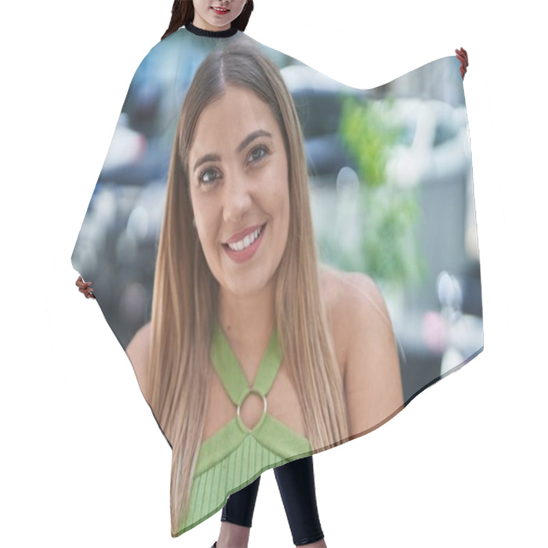 Personality  Young Beautiful Hispanic Woman Smiling Confident Standing At Coffee Shop Terrace Hair Cutting Cape