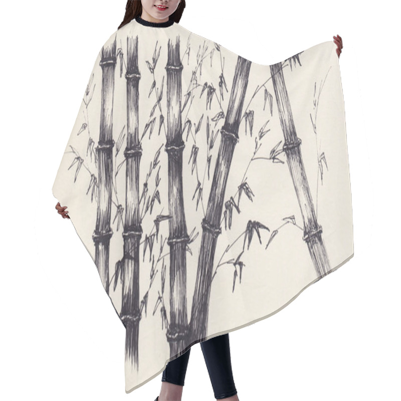 Personality  Pen Drawing With Bamboo Stems & Leaves. Monochrome Artwork In Asian Style. Oriental Nature Landscape. Calm & Peaceful Illustration For Card, Cafe Decoration, Wallpaper. Tranquil Meditation Background. Hair Cutting Cape