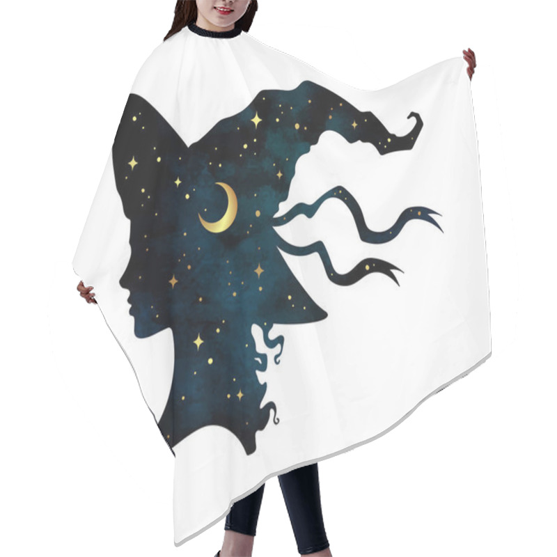 Personality  Silhouette Of Beautiful Curly Witch Girl In Pointy Hat With Crescent Moon And Stars In Profile Isolated Hand Drawn Vector Illustration Hair Cutting Cape