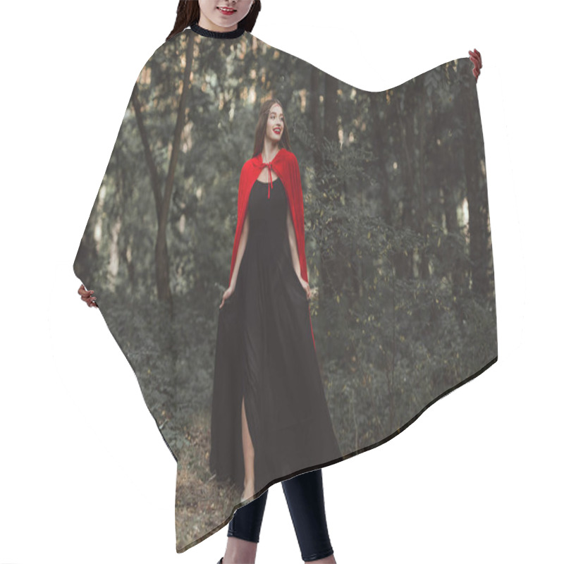 Personality  Beautiful Mystic Girl In Black Dress And Red Cloak Walking In Forest Hair Cutting Cape