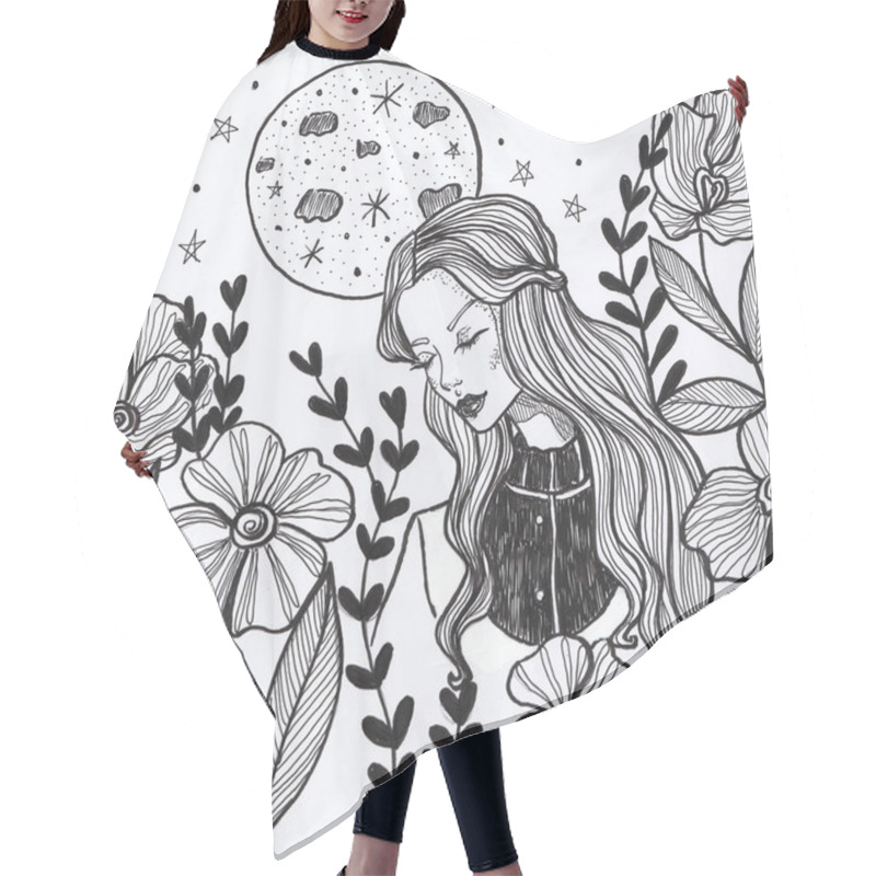 Personality  Portrait Of A Girl In The Garden. Beautiful Flowers, Moon And Stars. Graphic Hand-drawn Illustration Hair Cutting Cape