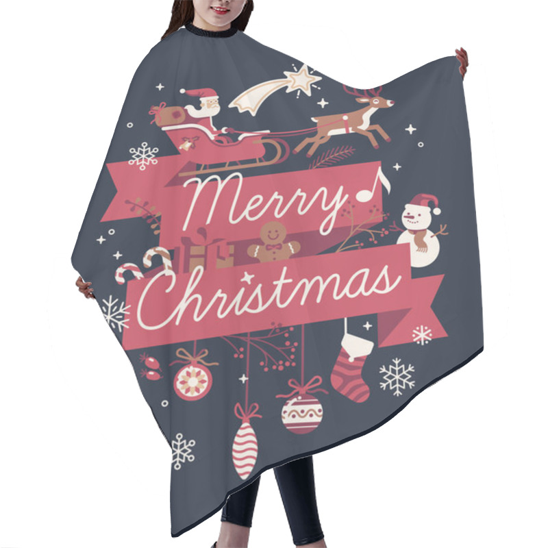 Personality  Lovely Vector 'Merry Christmas' Decorative Composition With Handwritten Greeting, Santa Claus On Sleigh, Snowman, Gingerbread Man, Candies, Gift Box And Other Traditional Winter Holiday Ornaments Hair Cutting Cape